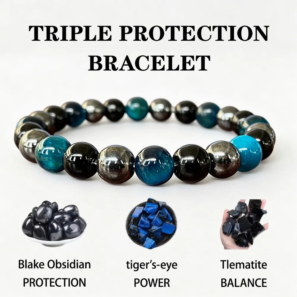 Men's Blue Tiger Eye Bracelet Three Stone Segment Blue Black Contrast Beaded Guardian Handmade Vintage Elegant Jewelry Gift