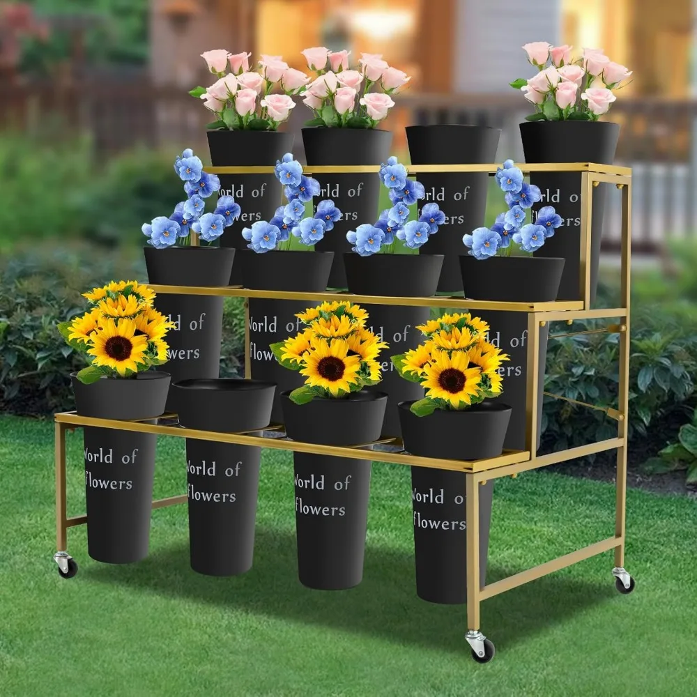 3 Layers Flower Display Stand 12PCS Buckets Flower Rack Moving Florist Bouquet Shelf Fresh Flowers Plant Cart for Patio Garden