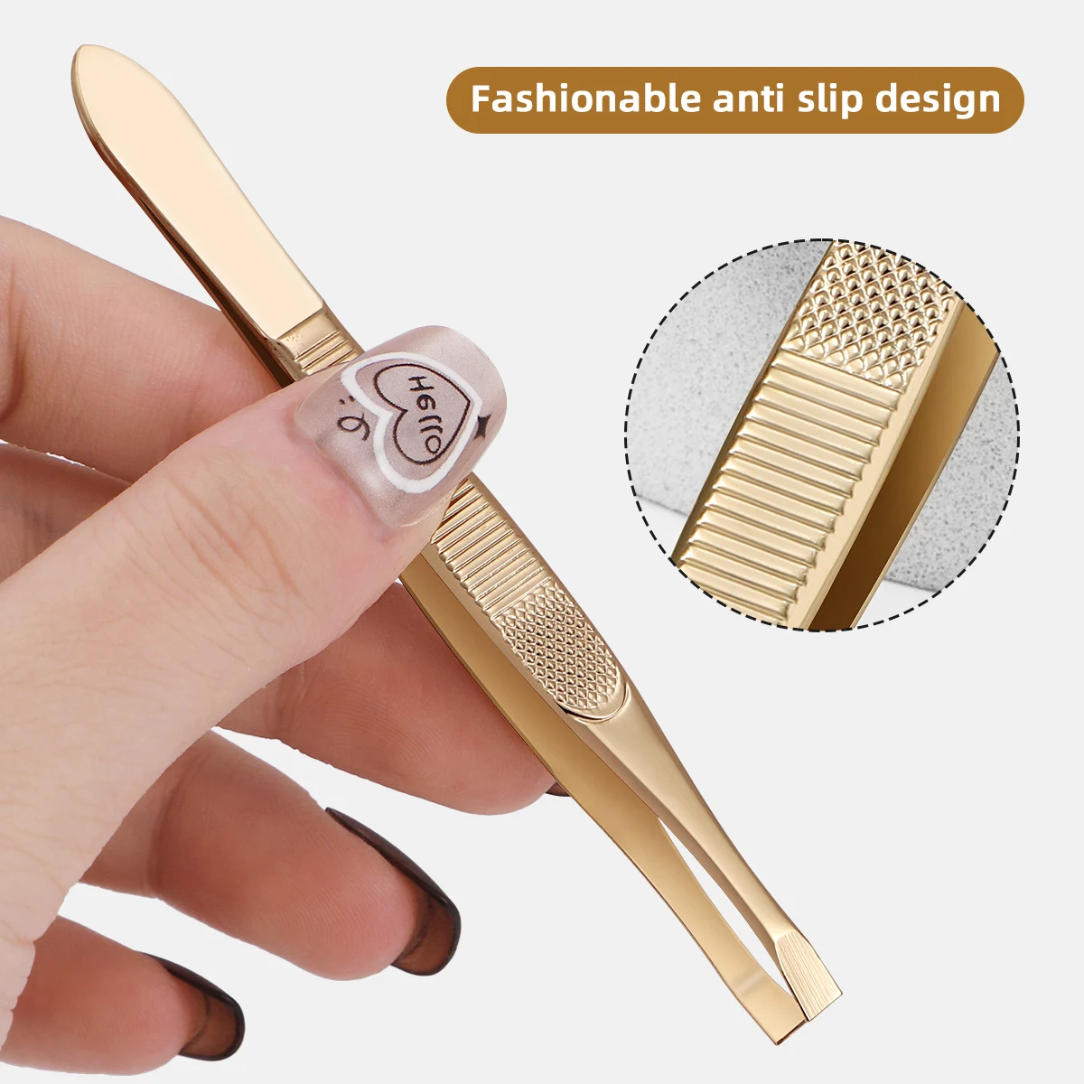 Eine goldene Edelstahl-Augenbrauenpinzette, mit flachem und schrägem Design, Pinzetten-Werkzeug zum Zupfen von Augenbrauen und Bart, Unisex. – Detail 4