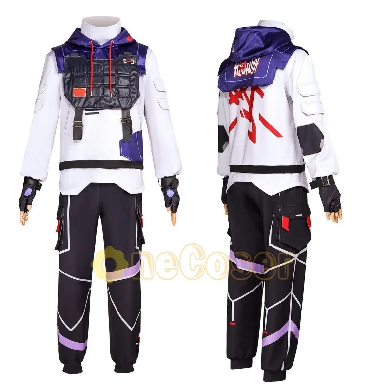 Spiel Valorant Iso Cosplay Kostüm Perücke ISO Schwarz Haar Mit Kapuze Sweatshirt Hosen Top Uniform Handschuhe Zubehör Halloween Party Männer