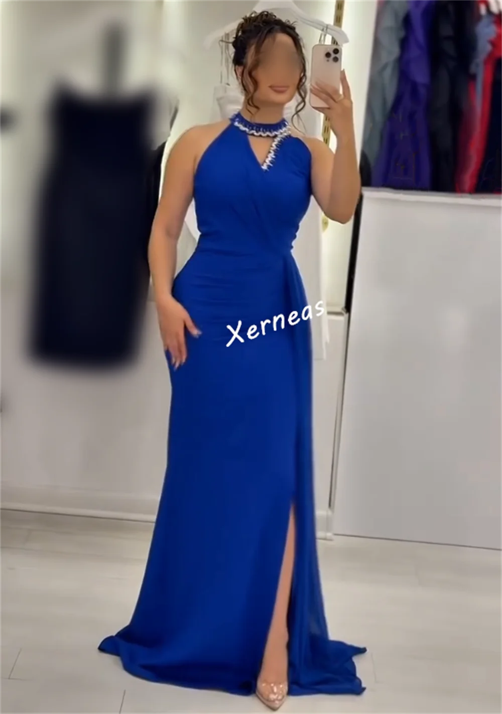 カスタムメイドのジャージプリーツラインストーンハイカラーマーメイドロングドレス、オーダーメイドの特別な機会に、女性のためのグリッターエレガントなパーティガウン