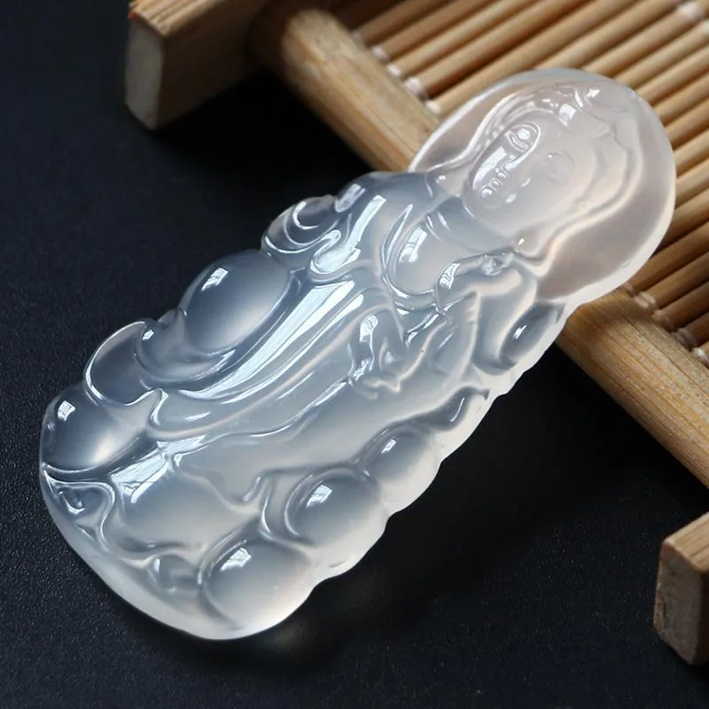 Natural Guanyin Pendant Men's Ice Seed White Chalcedony Pendant Agate Jade Pendant Men's and Women's Necklace Jade