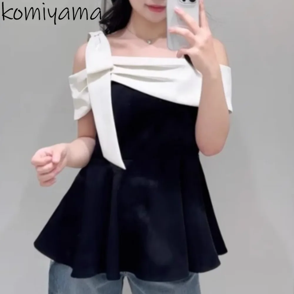 

Japanese Contrast Blusas Mujer Bow Slash Neck Woman 2025 Shirts & Blouses Feminino Ropa Summer New Clothing Elegant Camisas