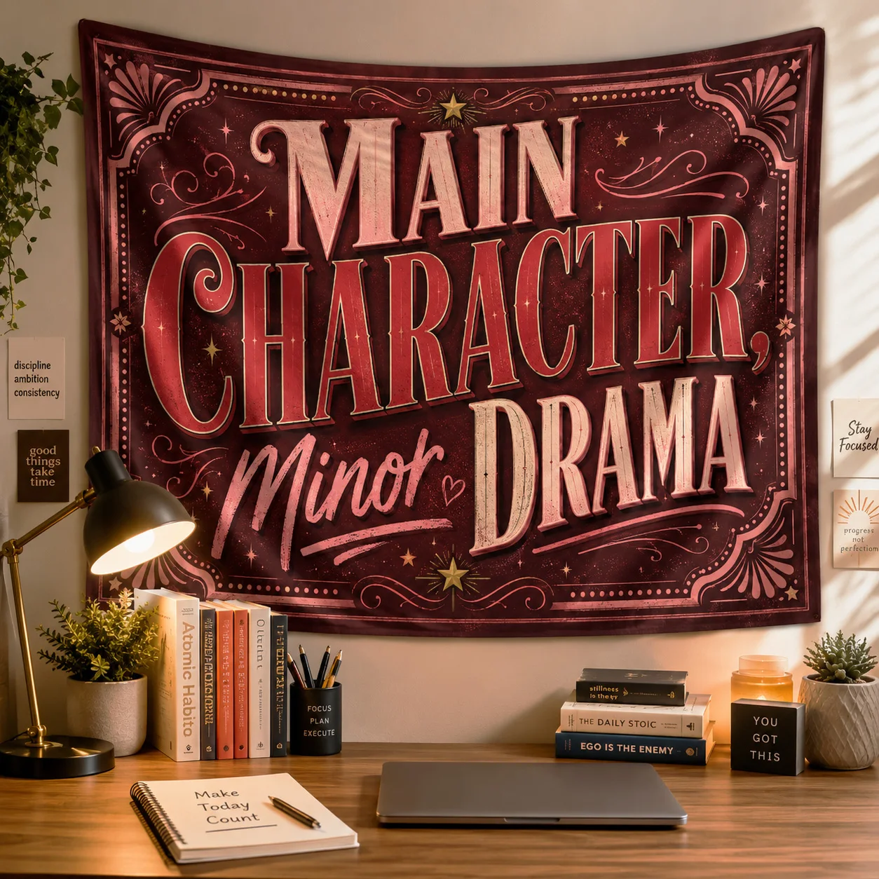 Main Character Minor Drama Tapestry Funny Quote Wall Hanging Retro Typography Vintage Wall Art Teen Bedroom Dorm Room Decor