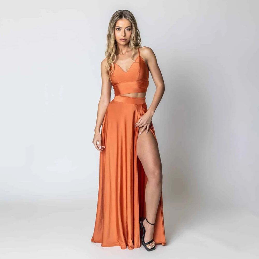 Orange Prom Dress Satin Spaghetti Straps Crop Top 2 Pieces Prom Gowns For Women High Split Backless A Line Party Dresses Long