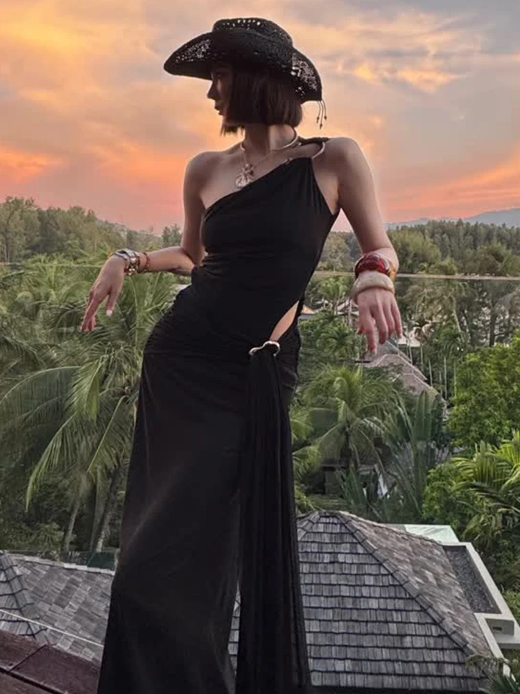 PB Moda Sexy Negro Un solo hombro Malla transparente con detalle recortado Maxi vestido Formal Fecha Vestido de noche