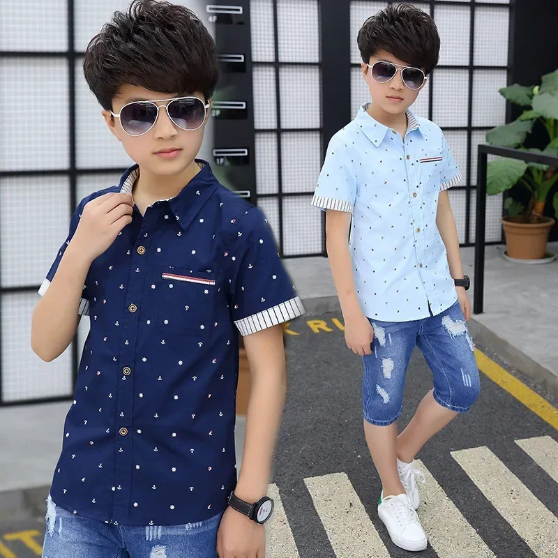 Age 4-13 Years 2025 Summer Toddler Teenage Dot School Boy Clothing Kids Boys Shirts Children Short Sleeve Clothes Tops