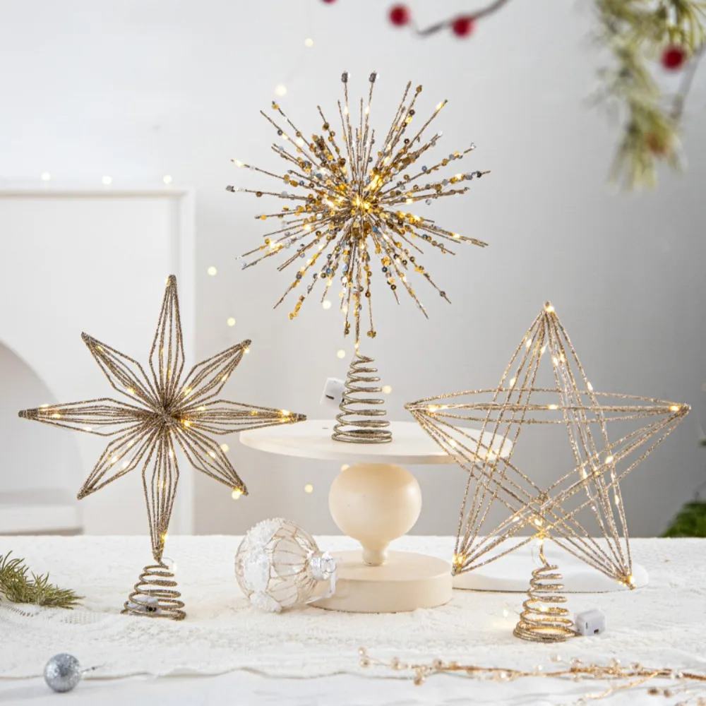 LED Christmas Tree Toppers Star Glitter Luminous Christmas Tree Toppers Lights Eight-pointed Star Iron Christmas Tree Decoration