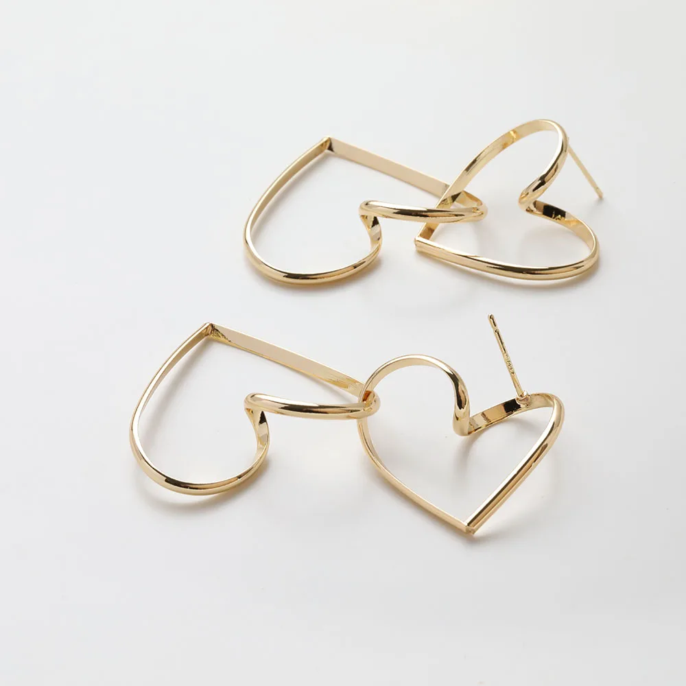 2 قطعة داينتي مزدوجة القلب الأذن ترصيع أقراط لصنع المجوهرات يدوية الصنع النحاس 14 كيلو مطلية بالذهب 52*32 مللي متر اكسسوارات