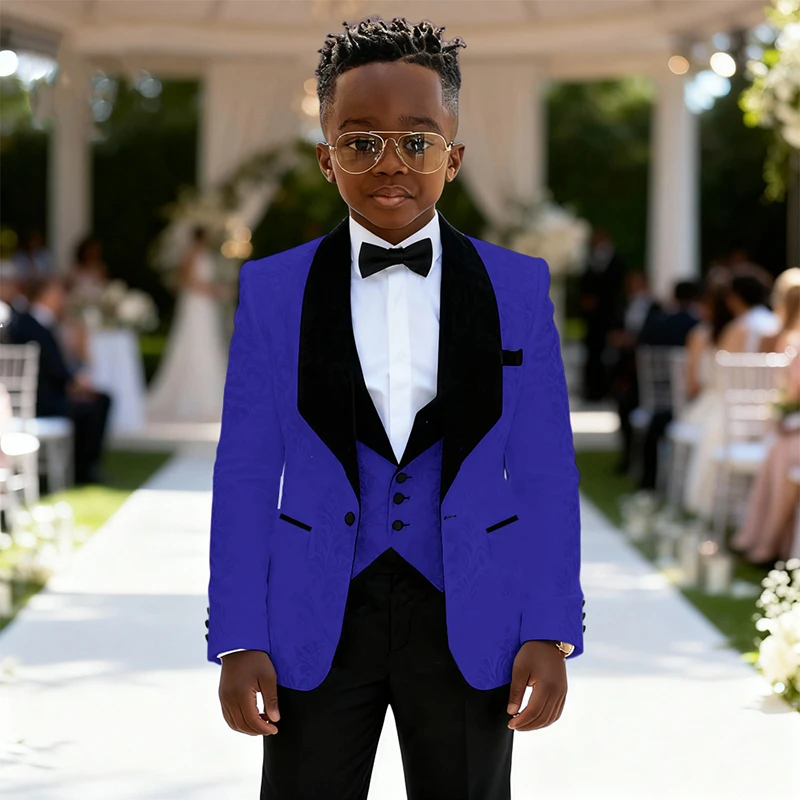 

Luxurious Vibrant Purple and Black Boys Formal Tuxedo Set Long Sleeves and Velvet Peak Lapel Suit Set Wedding Ring Bearer Suit
