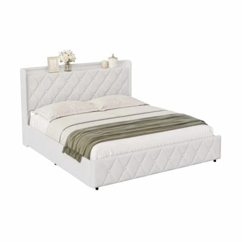 Gepolstertes Bett 140x200cm, modernes hydraulisches Stauraumbett, gepolstertes Kopfteil mit Rautensteppung, hydraulisches Stauraumbett für Schlafzimmer, Gästezimmer, Fleece, ohne Matratze