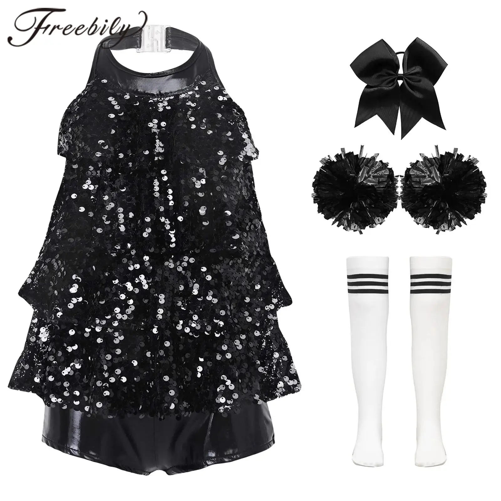 Kids Girls Cheerleading Costume Outfits Halter Dancewear Sets Shiny Sequins Dance Leotard Dress Cheerleader Cheering Team Wear