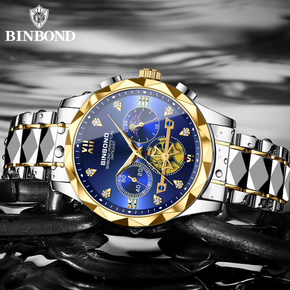 BINBOND Military Man Quartz Chronograph Wristwatch Moon Phase Waterproof Sports Watch for Men Stainless Steel Men\'s Quartz Watch