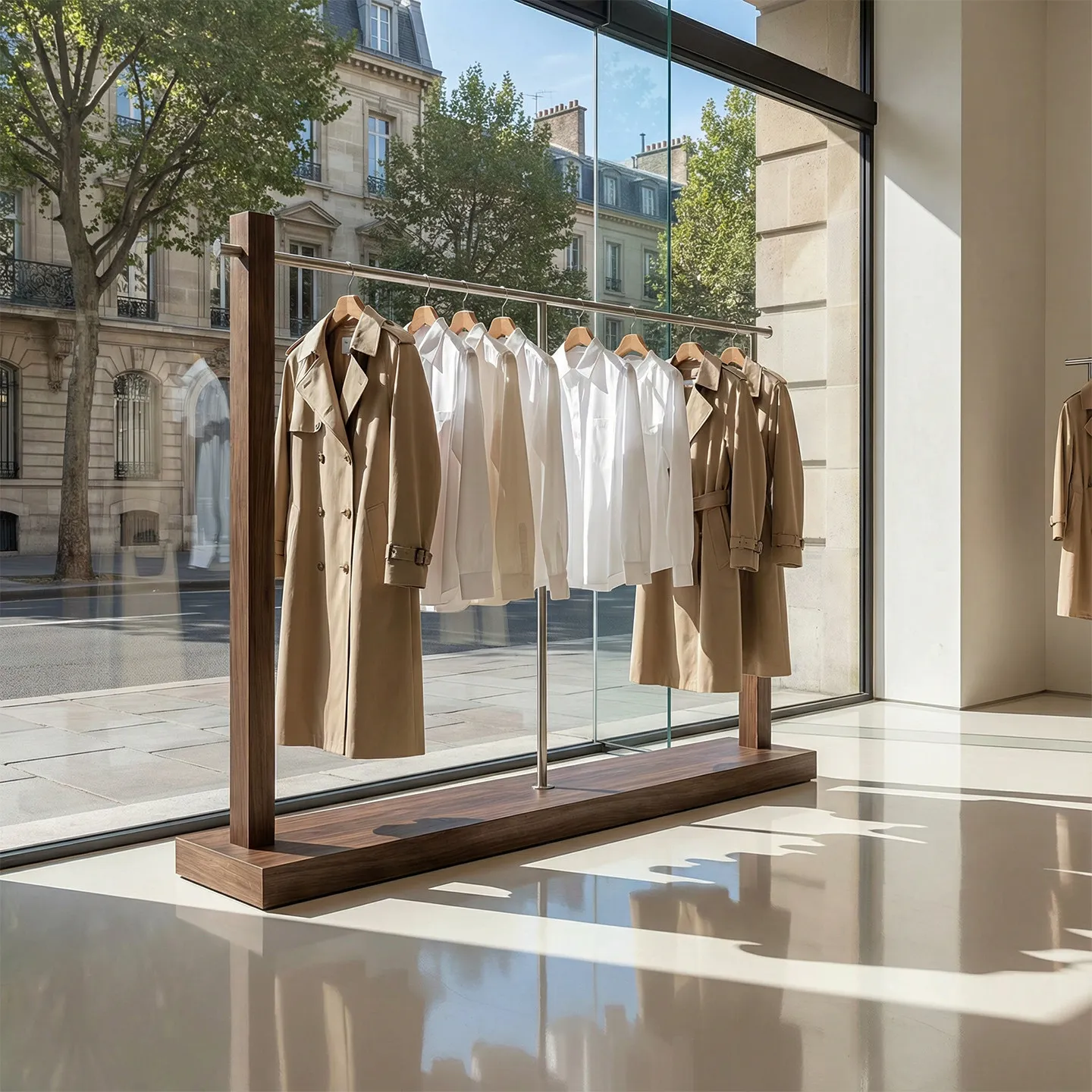 Clothing store display rack Log high grade medieval stainless steel walnut color women's clothing shelf Nakajima floor rack