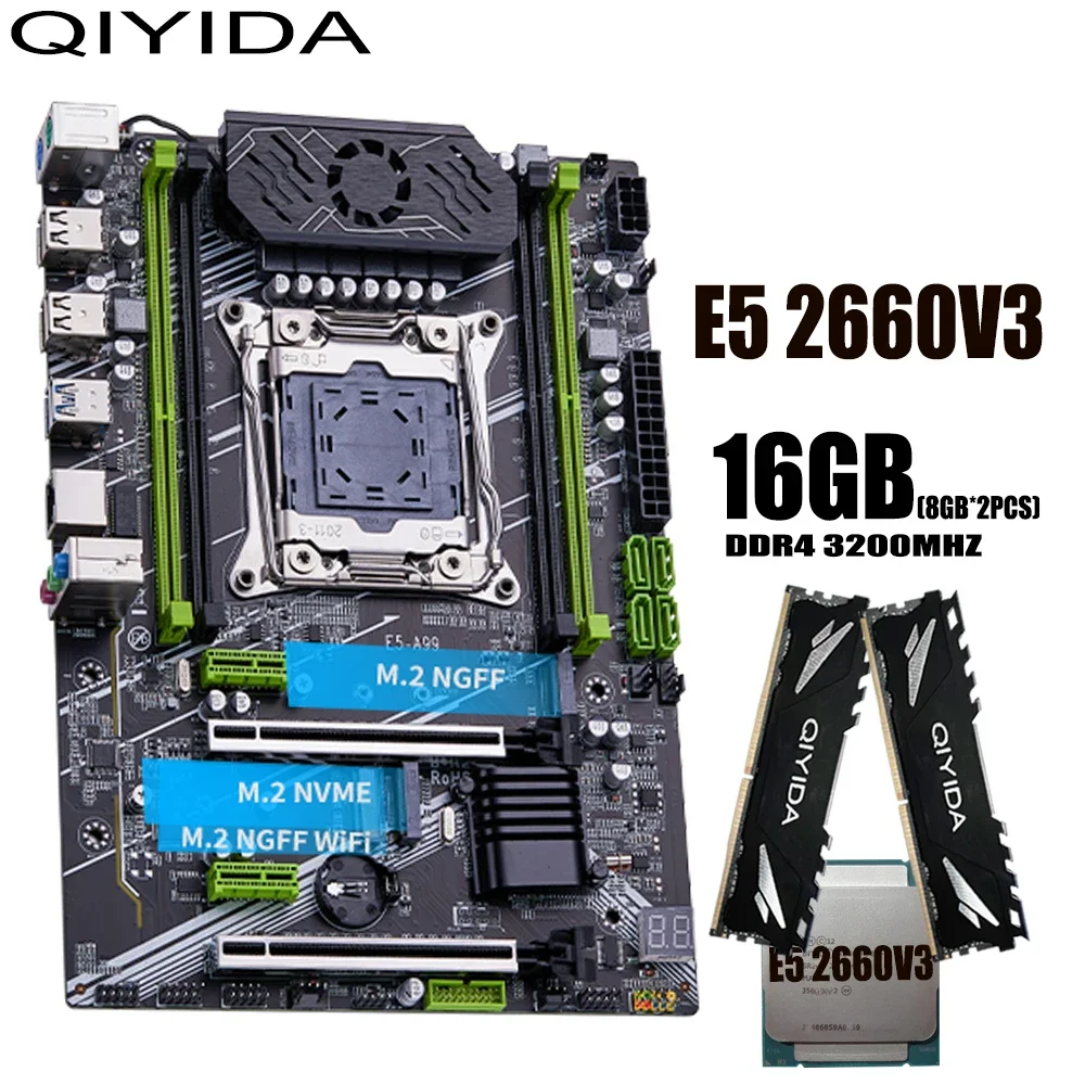 QIYIDA X99 Motherboard Set Kit Xeon LGA2011-3 E5 2660 V3 2pcs*8gb=16GB 3200MHz DDR4 4 channels SATA 3.0 nvme M.2 E5 A99