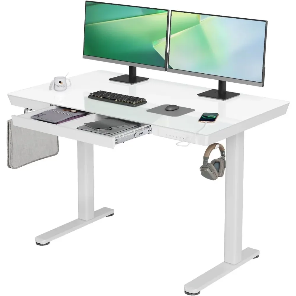 Glass Standing Desk with Drawers, 48 x 24 Inch Electric Stand Up Desk with USB Ports, Adjustable Height Desk for Home