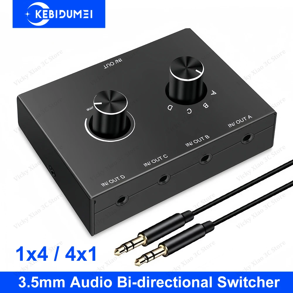 Bi-Directional Audio Switcher 4 Way 3.5mm Stereo Audio Switch 4 In 1 Out / 4 In 1 Out with Mute Button for PC Headphones Speaker