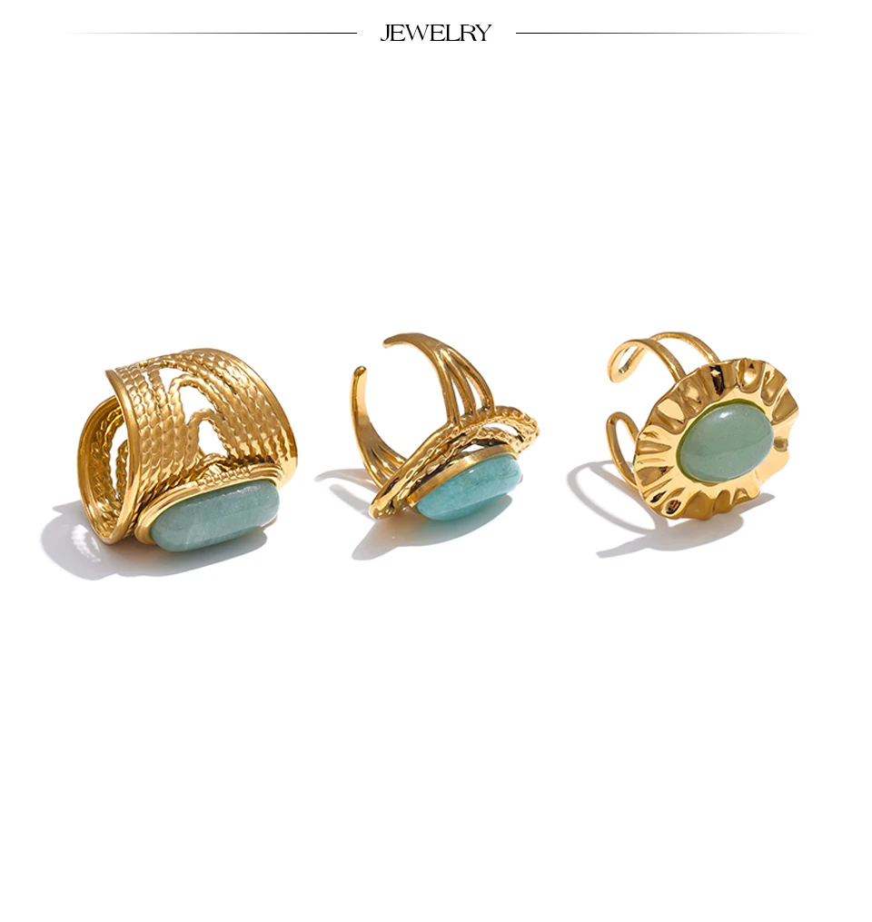 Yhpup Grüner Naturstein, modischer offener Ring, verstellbar, Edelstahl, goldfarben, geometrisch, tägliche Statement-Schmuck, Accessoires, Geschenk – Detail 3