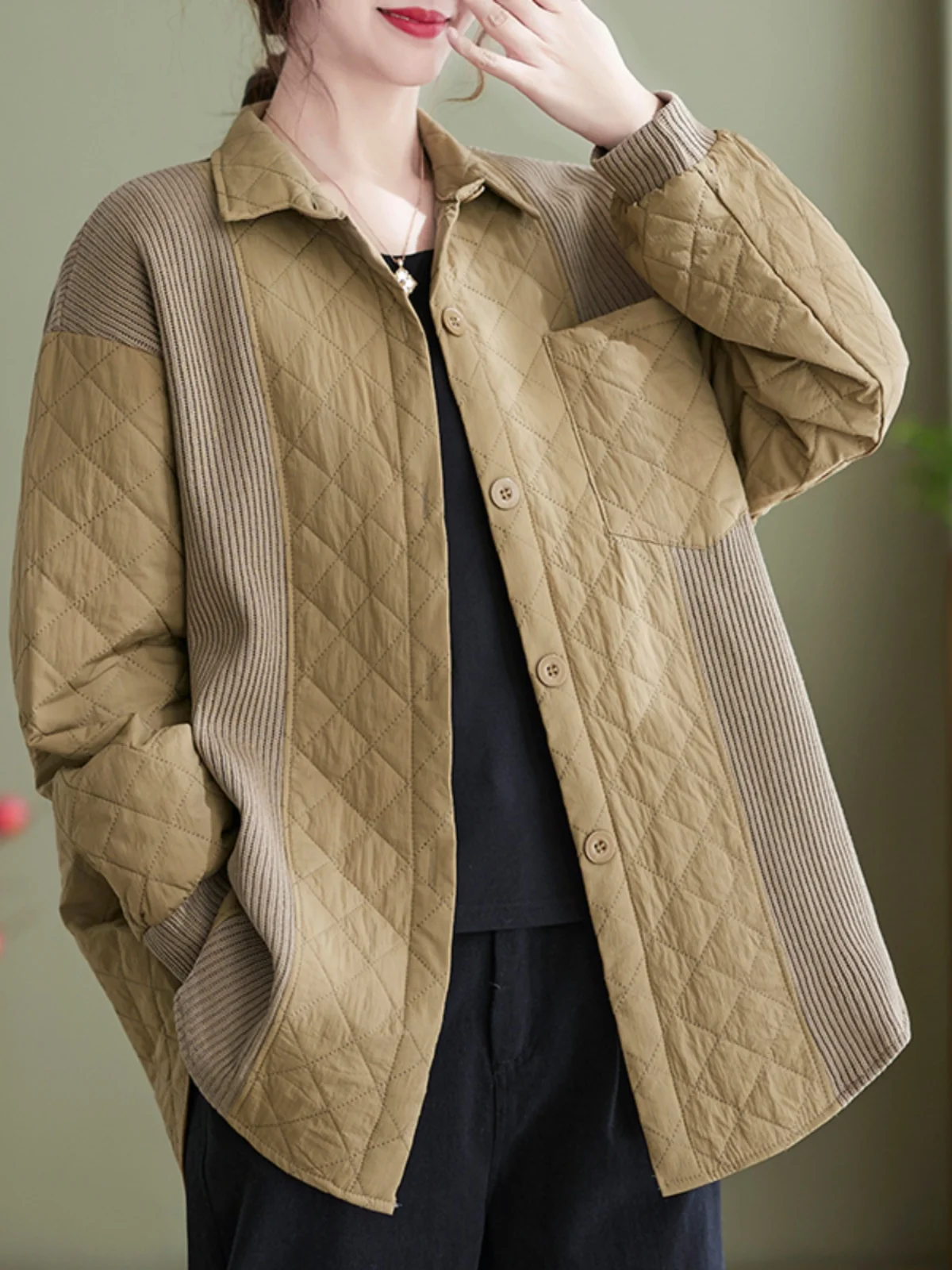 

Retro Geometric Pattern Knitted Casual irt Women's Loose Fit Collar Jaet Cotton Blend Outerwear Button Detail