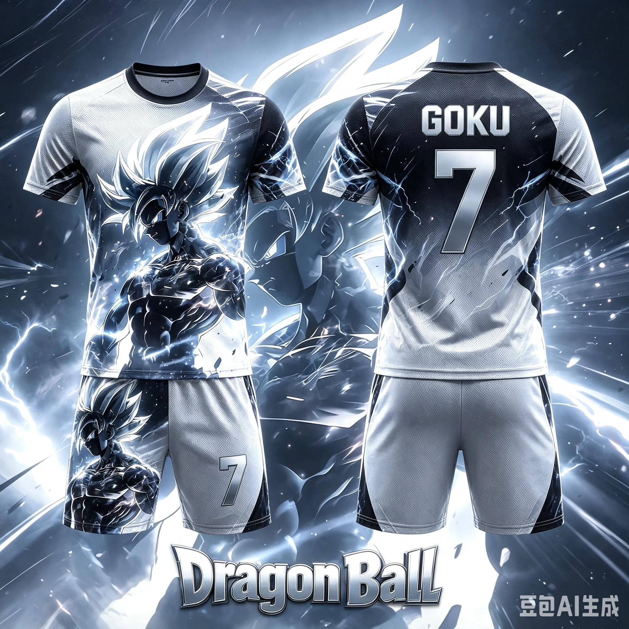 2026 Summer Dragon Ball Son Goku Black White Lightning 3D Print Sports Jersey Shorts Set, Oversized Casual Tracksuit For Anime F