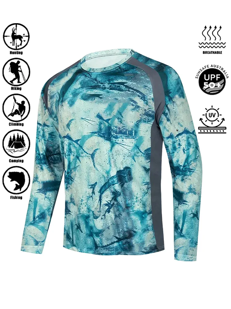 2024 Fishing Shirt Men's Long Sleeve Performance Shirt,UPF 50+ Uv Protection Quick Dry Tops Blue Camouflage Fishing Shirts