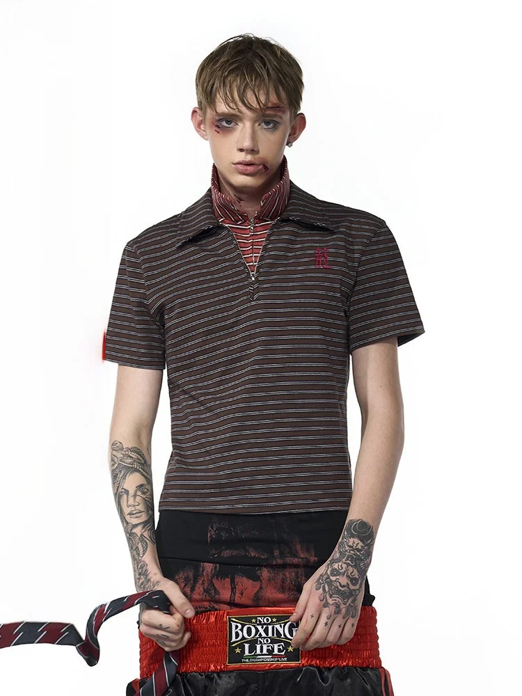 

Start Exceed End Original Men's Slim Fit ort Sve irt Zipper T-irt Retro Stripes Fake Two-Piece Breathable Summe...