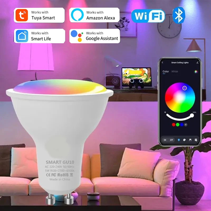 GU10 Tuya WiFi Smart LED Light Bulb Bluetooth Dimmable Lamps Smart Life App Control Spotlight Bulb Works With Alexa Google