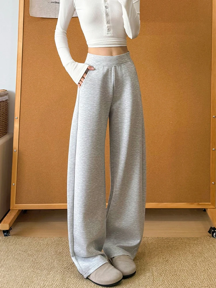 Fall Women Gray Sweatpants Loose Vintage High Waist Preppy Style Casual Pant Simple Pockets Retro Female All Match Trousers New