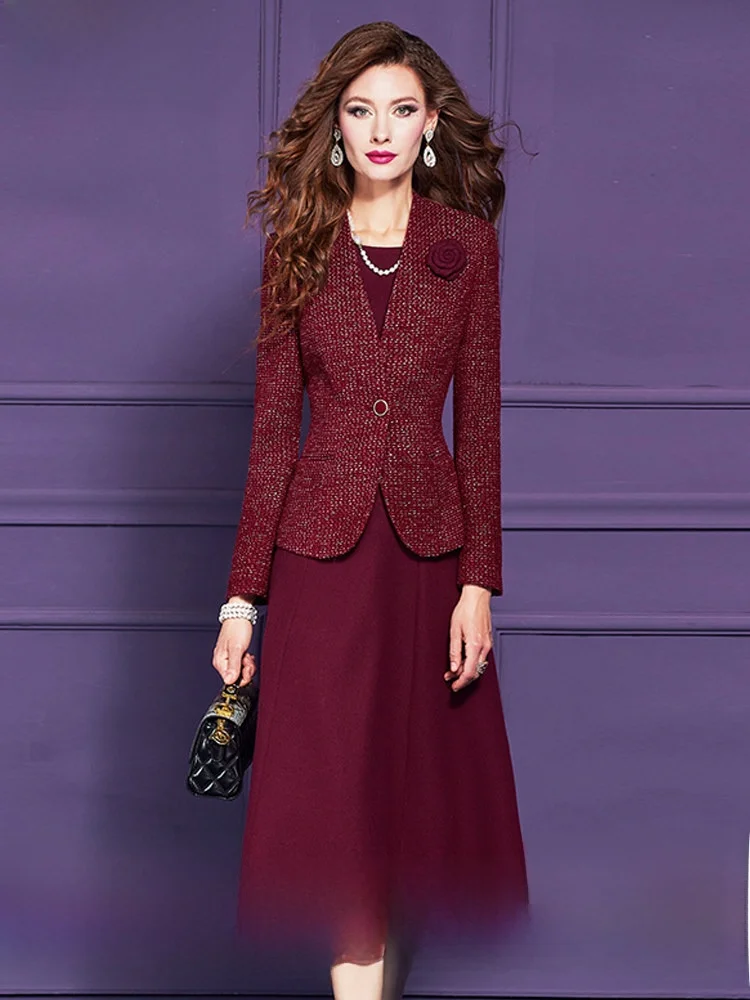 

Feminine Winter Ensemble Women's Fashion Set Slim Fit Sleeveless Dress Woolen Jacket Long Sleeve Cardigan Commute Style