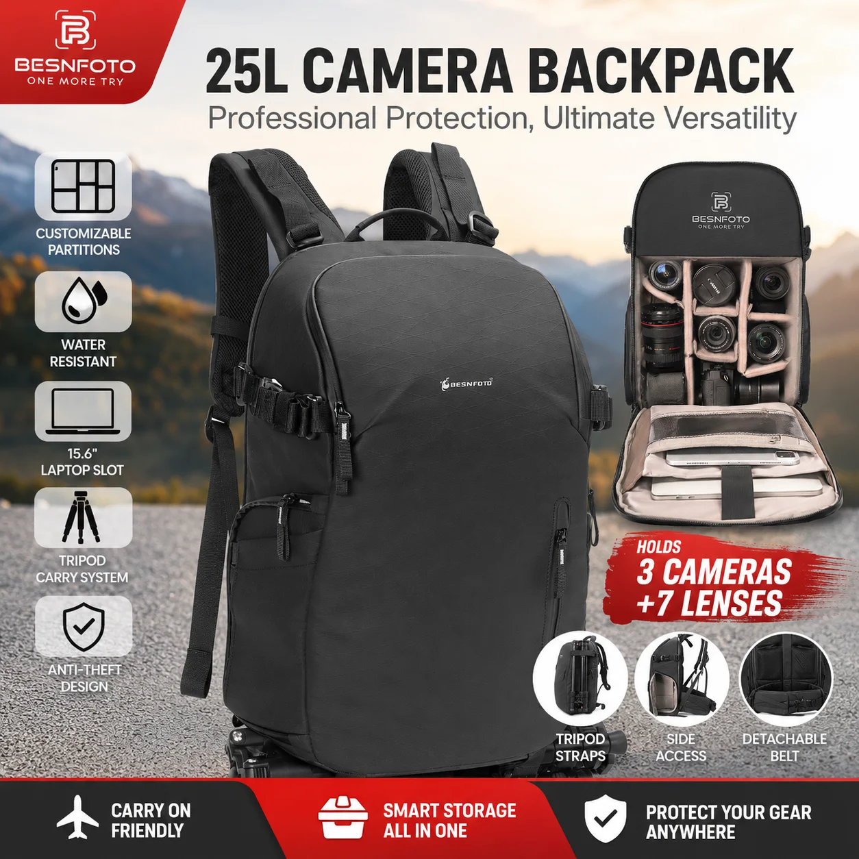 Besnfoto Camera Backpack 25L Large Capacity Waterproof Photography Travel Bag with Laptop Tripod Holder for DSLR