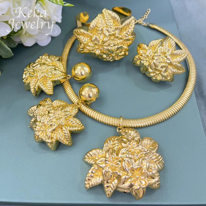 Italy Flower Shape Jewelry Set for Women 18K Gold Plated Necklace Ring Bracelet Earring Luxury Dubai Party Wedding Jewelry Gifts