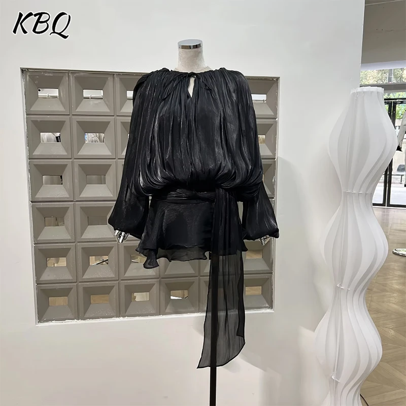 

KBQ Solid Patchwork Lace Up Loose Dresses For Women O Neck Long Sleeve High Waist Spliced Folds Temperament Dress Female Fashion