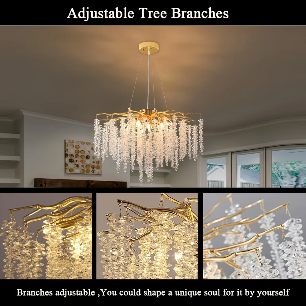 MSSIAN 9-Light Modern Luxury Chandelier - 23.7" Hanging Ceiling Fixture with Golden Tree Branch Design & Tassels