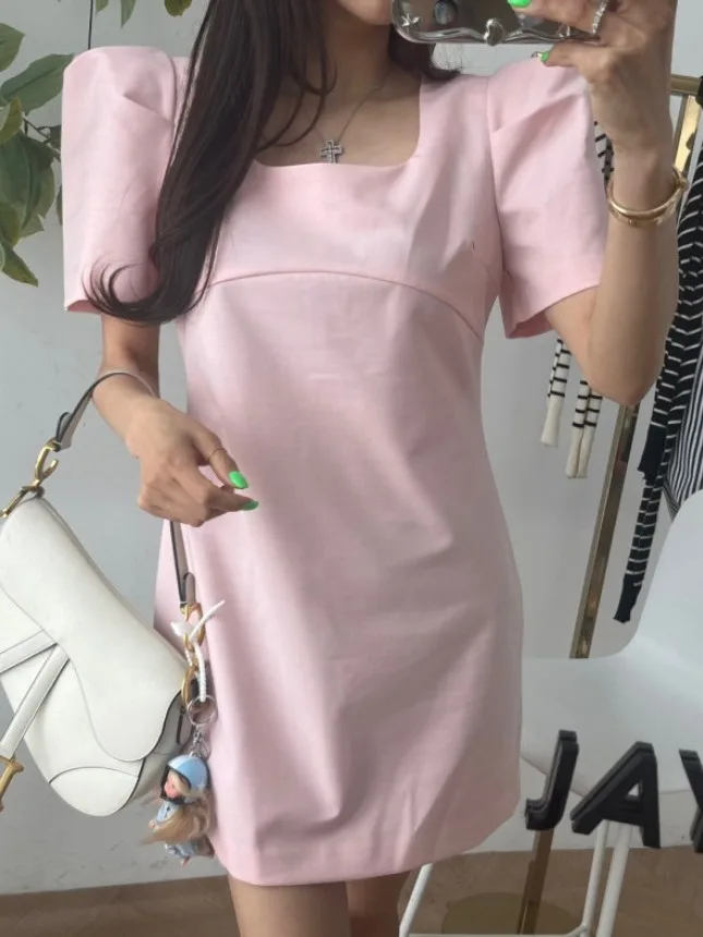 تنورة نسائية بتصميم A-Line صغيرة الحجم من أسيتات الخل المضاد للشيخوخة بأكمام فقاعية وطوق مربع، طراز صيفي جديد لعام 2025 من دو...