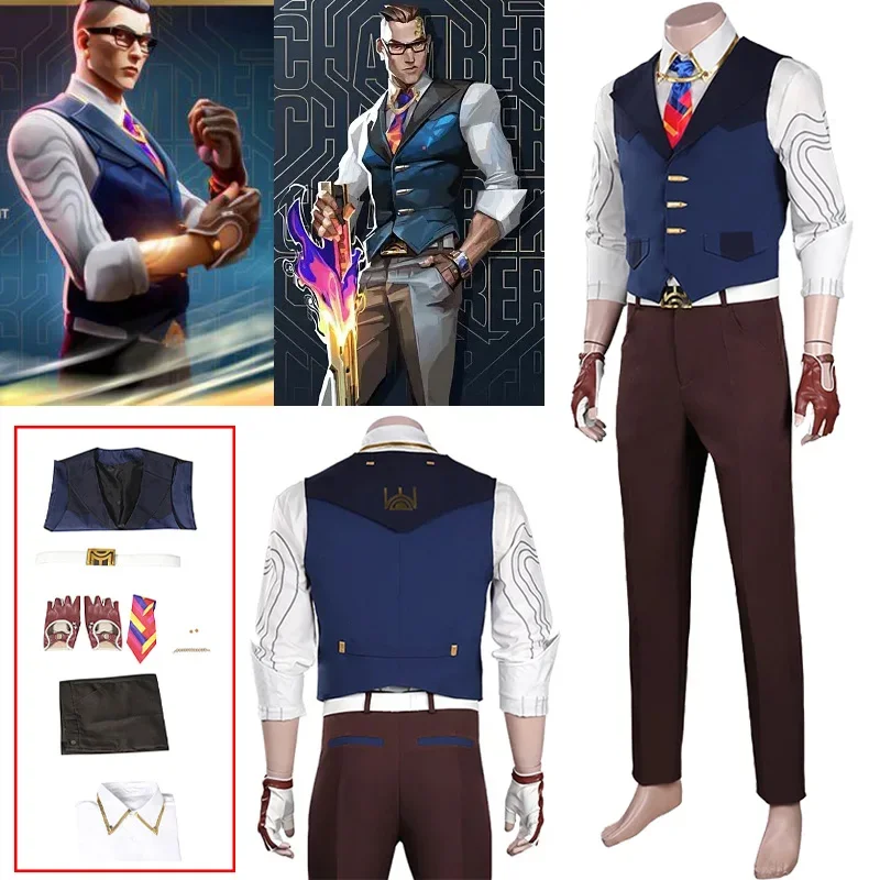 Game Valorant Kamer Cosplay Kostuum Wit Shirt Vest Broek Riem Handschoenen Stropdas Custom Pak Halloween Carnaval Kostuum Voor Mannen