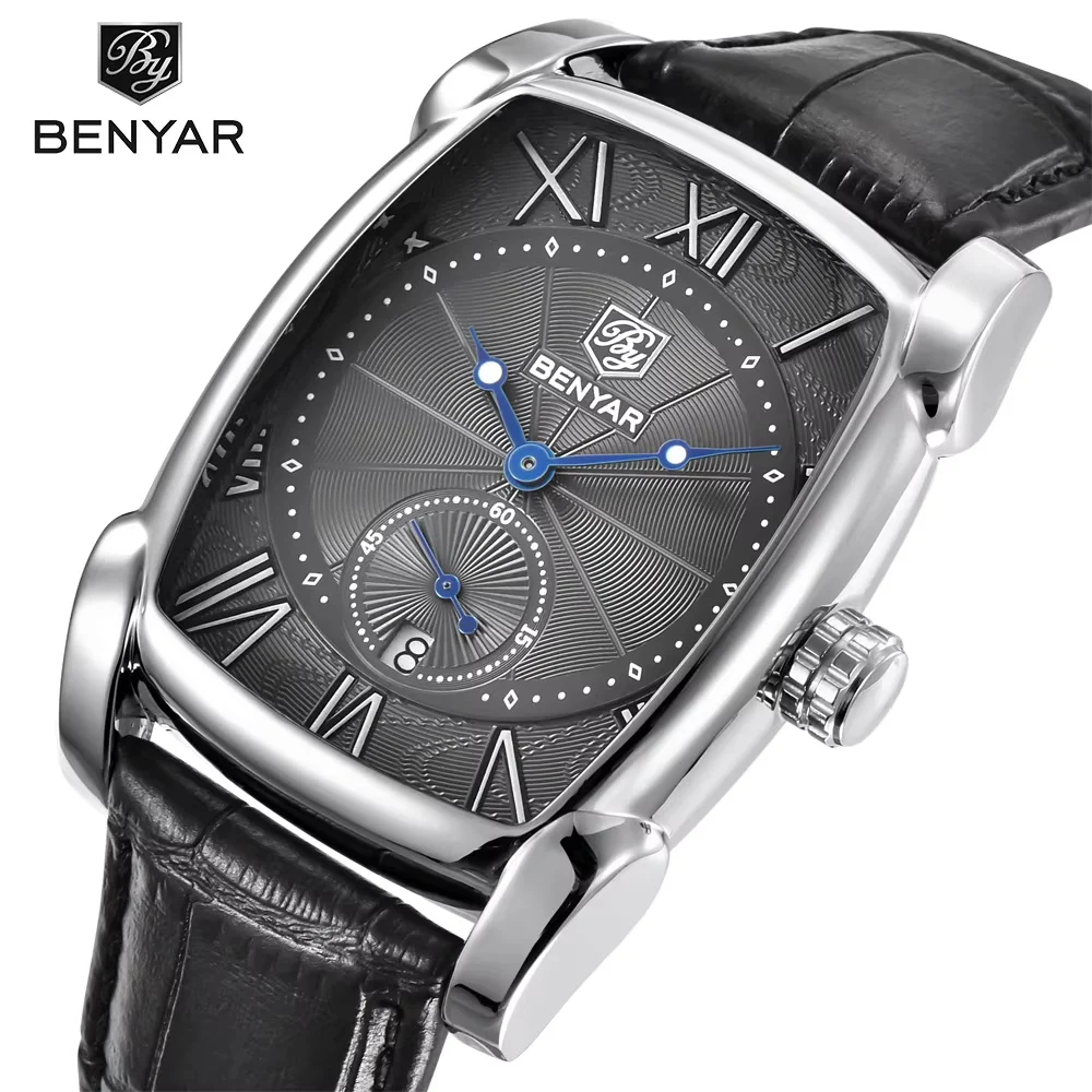 

BENYAR BY-5114 Men's Chronograph Quartz Watch Fashion Casual 30M Waterproof Leather Strap Sport Rectangle Wristwatch For Man