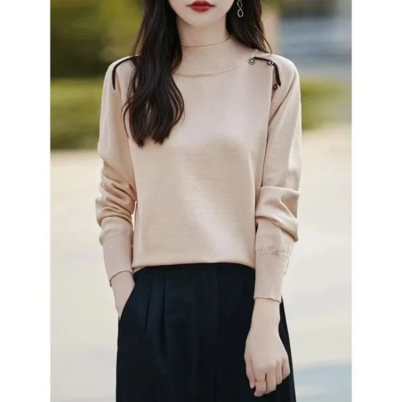 

French Half High Neck Knitted Women's 2024 Autumn Winter New Splicing Button Fashion Elegant Solid Loose Long Sleeve Sweater