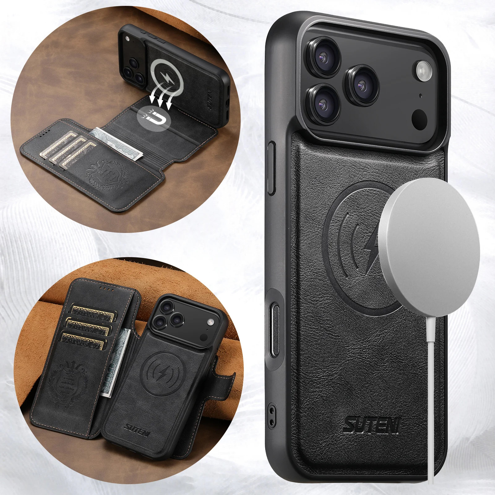 SUTENI Kunstleder Kabelloses Ladegerät Kartenhalter Ständer Brieftasche Magnetische Klapphülle Handyhülle für iPhone 18 Pro Max 17 16 15 14 – Detail 11