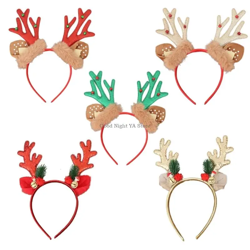 

Kids Adults Christmas Antler Headwear Soft Velvety Headdress Built In Jingling Bells Lightweight Holiday Party Decoration