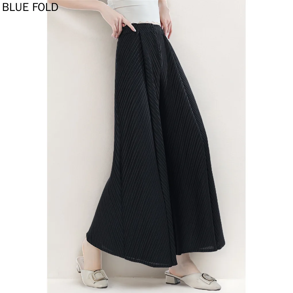 Miyake-Wide Leg Drapey Pants for Women, Thin Style, Slim, Elastic Waist, Nine-point, Casual, Summer, New