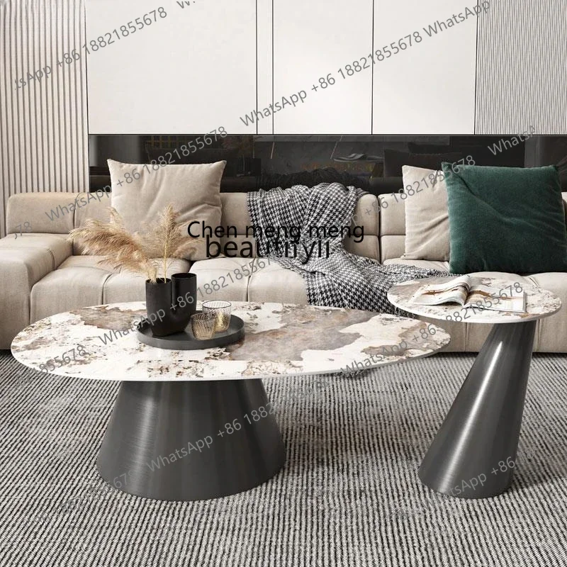

D178 Italian Style Light Luxury Coffee Table Simple Modern Stainless Steel Designer round Stone Plate Coffee Table Oval Storage