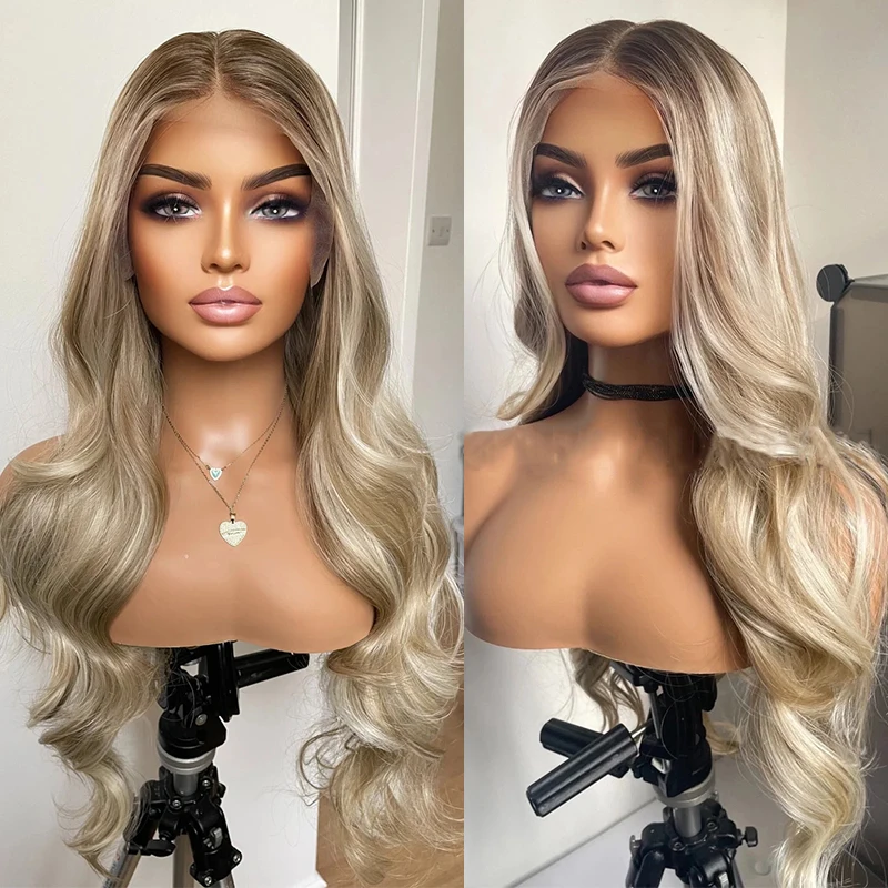 Gemengde Ash Platina Blonde Synthetische Lace Front Pruik Donkere Wortels 13x4 Voorgeplukt Realistische Natuurlijke Haarlijn Pruik Voor Vrouwen Dagelijks gebruik