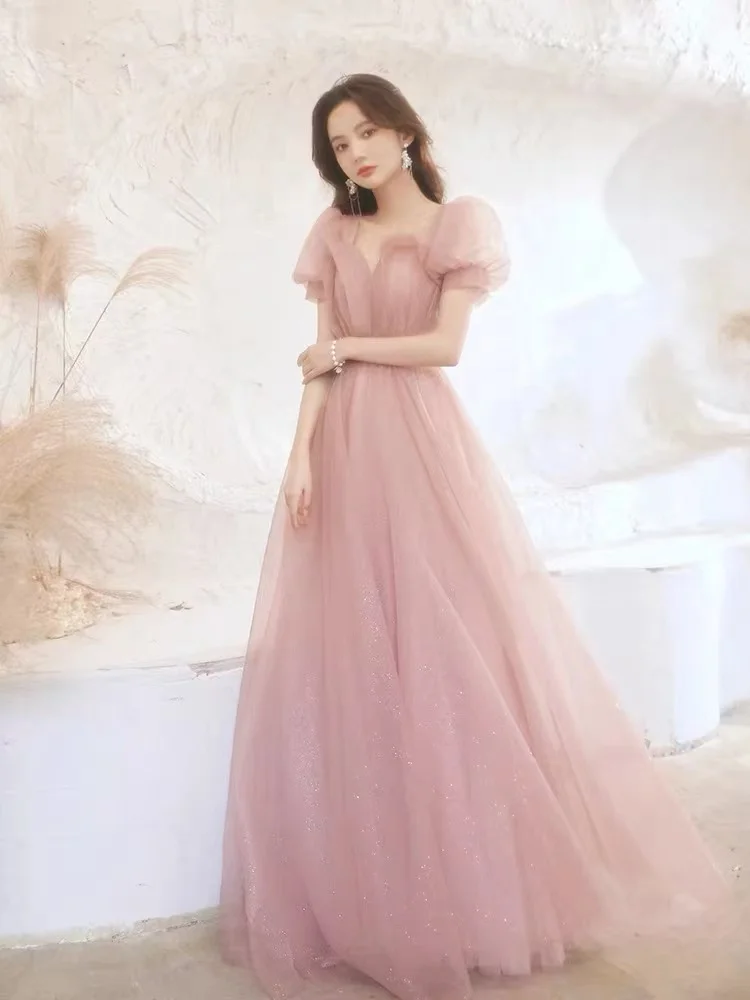 Abiti da sera lunghi rosa Maniche a sbuffo di lusso Colletto quadrato A-Line Lunghezza pavimento Elegante banchetto Abiti da ballo formali per celebrità