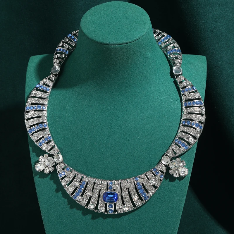 

Vintage Crystal Blue Choker Necklace Silver Color High Quality Accessories For Woman Brand Charms Evening Dress Luxury Jewelry