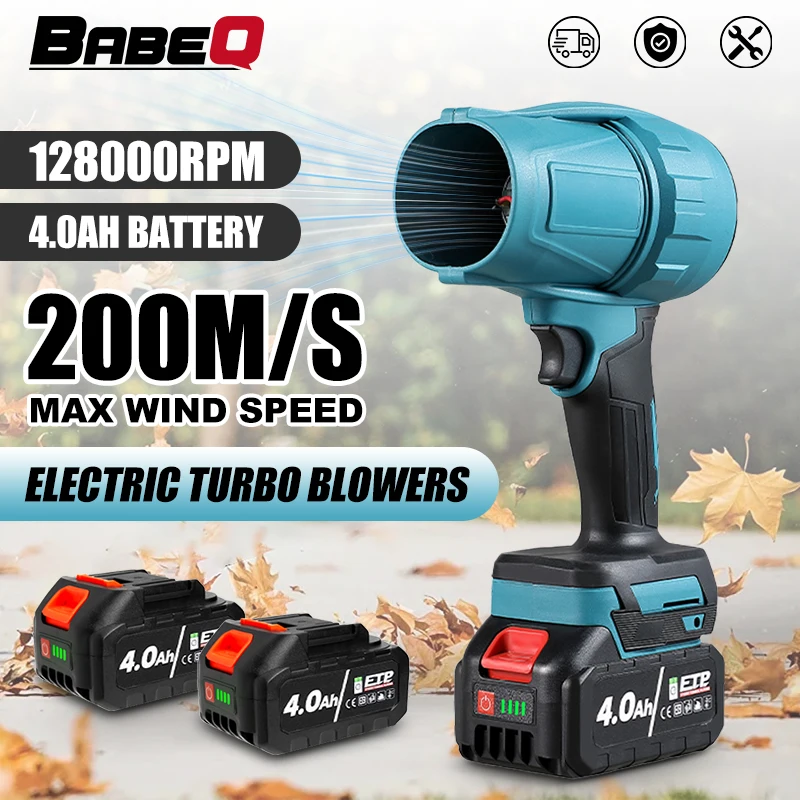 

BABEQ 1500W 200M/S Electric Turbo Blower Powerful Jet Fan Handheld Air Blower Violent Blowing Power Tool 4.0AH Lithium Battery