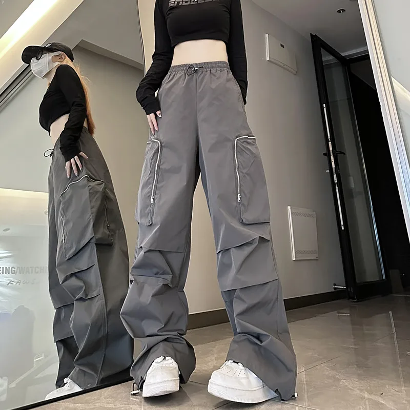 

American Retro Big Pocket Cargo Pants Women 2023 New Spring Summer Loose Straight Drawstring Wide Leg Pants