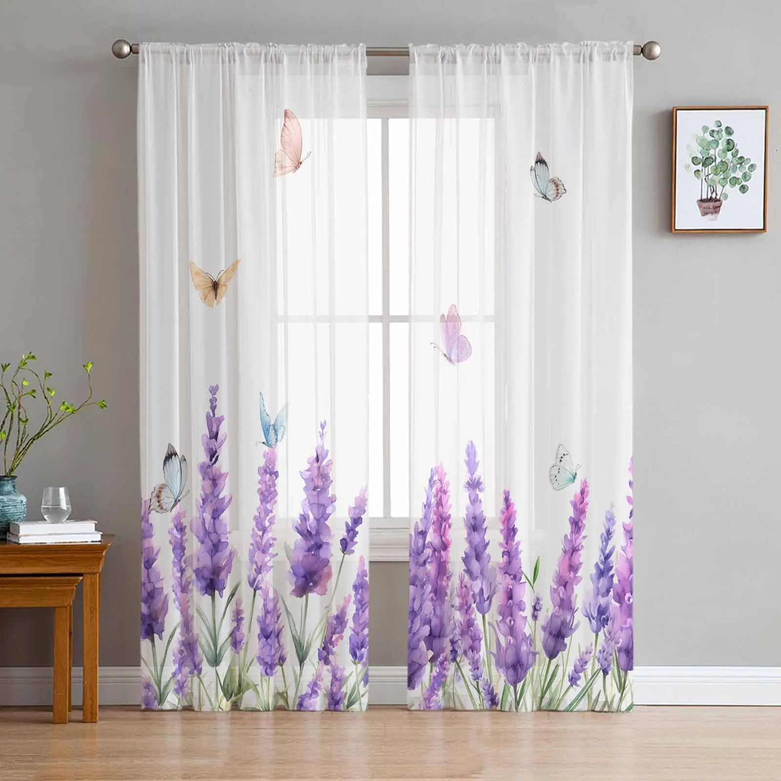 Spring Watercolor Lavender Butterfly Tulle Curtains for Living Room Bedroom Modern Chiffon Sheer Voile Kitchen Window Curtain