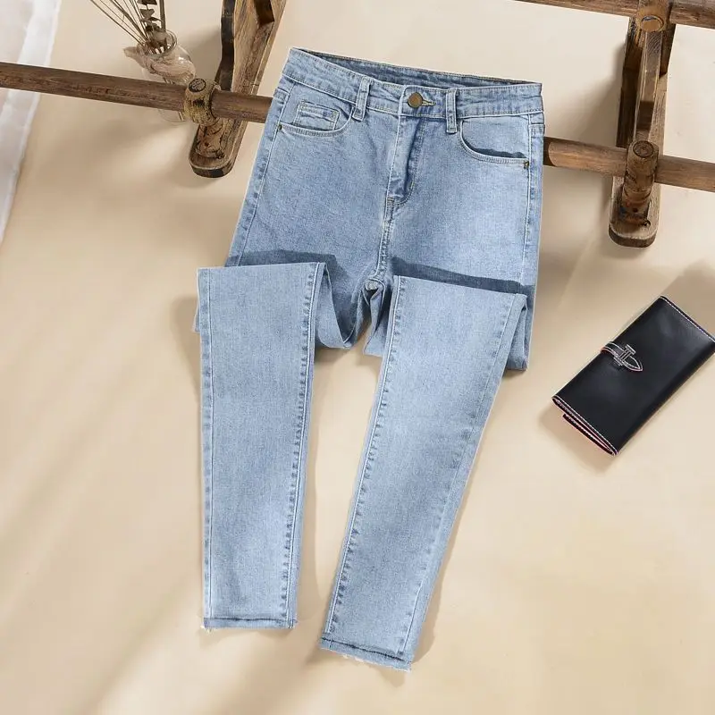 

Голубые женские эластичные облегающие джинсы с высокой талией, новые осенние облегающие брюки, повседневные модные длинные брюки