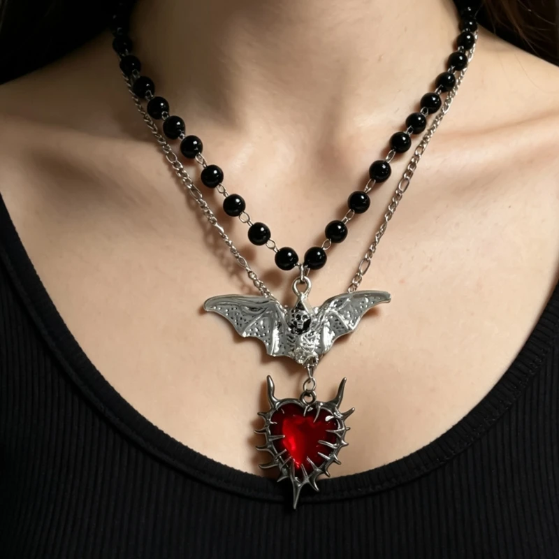 Gothic Pendant Necklace with Bat and Spiked Red Heart Accent 55KA