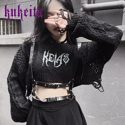 Gothic Sweater Women Hole Knitted Grunge O-neck Print Pullovers Punk Loose Jumper Harajuku Alternative Clothing Emo Y2K Crop Top